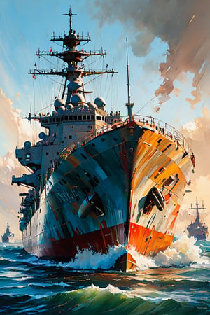 "An imaginative and impressionist depiction of a ripped, tattered, and battle-worn appearance of a large ship, with vibrant, focused brushstrokes capturing every detail. A focused impressionist image where every brushstroke is sharp and clear. Color palette blends muted, earthy tones with vibrant accents, enhancing the depth and atmosphere of the scene. Every detail in the image in sharp focus. Distinct forms and shapes in the background should suggest a military flying drone."