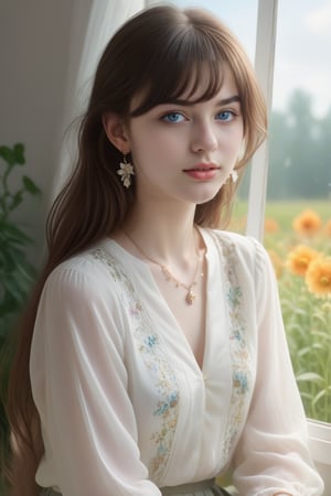 Beautiful soft light, (beautiful and delicate eyes), very detailed, pale skin, big smile, (long hair), dreamy, medium chest, female 1, ((front shot)), bangs, soft expression, height 170, elegance, bright Smile, 8k art photo, photorealistic concept art, realistic, person, small necklace, small earrings, fantasy, jewelry, shyness, dreamy soft image, masterpiece, ultra-high resolution, skirt, shirt, jacket, color, (the wind blows softly) ), (looking slightly raised and immersed in happy thoughts), girl sitting on the window sill with her chin supported by both hands, looking at the flower field outside the window, colorful, glitter, color art,BugCraft