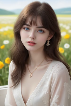 Beautiful soft light, (beautiful and delicate eyes), very detailed, pale skin, big smile, (long hair), dreamy, medium chest, female 1, ((front shot)), bangs, soft expression, height 170, elegance, bright Smile, 8k art photo, photorealistic concept art, realistic, person, small necklace, small earrings, fantasy, jewelry, shyness, dreamy soft image, masterpiece, ultra-high resolution, skirt, shirt, jacket, color, (the wind blows softly) ), (looking slightly raised and immersed in happy thoughts), girl sitting on the window sill with her chin supported by both hands, looking at the flower field outside the window, colorful, glitter, color art,BugCraft