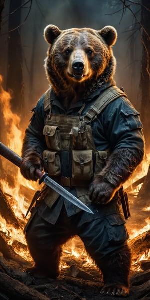 Award-winning photographer captures a hauntingly realistic image of a fierce little
Bear, its snarling face illuminated by the (faint glow of a fire:1.2). Holding a machette,  Framed against a dark, battleground background, dressed as a (mercenary:1.3), textured fabrics and weapons, his menacing gaze seems to pierce through the shadows. Vietnam Era-inspired textures bring realism to its clothes and skin, while an eerie stillness in the air hints at a battle-scarred past.