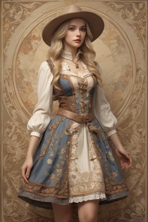 art nouveau style,flat Illust,beautiful blonde lady, Official Art, Art Station, Beautiful and Aesthetic, One Girl, Highly Detailed, (patchwork style dress), A Scandinavian woman of supernatural beauty, Full body, looking at the viewer, (model pose: 1), cowboy shot,photo_b00ster