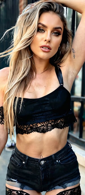 Generate hyper realistic image of a woman with long, straight, light brown hair that falls past her waist. Her hair is parted in the middle and left down. Her eyes are striking, enhanced by subtle makeup that emphasizes her natural beauty. She is wearing a black, cropped lace bralette paired with high-waisted, black denim shorts. The shorts are slightly frayed at the edges. Over her bralette, she wears a black leather jacket. She also is wearing sheer black thigh-high stockings with lace tops. Her footwear consists of black platform heels with ankle straps. She stands outdoors confidently with both hands raised, holding her hair back, which highlights her long, flowing locks. 
