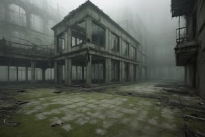 The image portrays a haunting and surreal scene set in an eerie, abandoned courtyard of a dilapidated building. The overall atmosphere is imbued with a greenish, foggy mist, enhancing the unsettling mood.