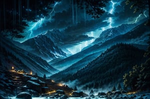 A spectacular night fell on the mountains. Beautiful mountainous area surrounded by pine forest. Large century-old pines stand in silence. The calm silence of the forest is interrupted by peals of thunder and flashes of lightning. A multi-level waterfall rushes down from the mountains in a noisy stream; Along the banks of a mountain river there are stones covered with moss. The moon's rays break through the canopy, illuminating the dark night forest with dim blue light. A beautifully growing fern shimmers from lightning flashes, and a variety of flowers grow. In the mountains you can see old ruins of long-dead civilizations. Ancient buildings and monuments of the ancient world, destroyed by time, are scattered around.