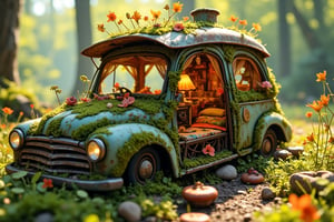 A whimsical fairy house crafted from an abandoned vintage car in a sunlit forest clearing. Moss and colorful wildflowers cover the rusted exterior. Tiny windows cut into doors and hood, curtained with delicate leaves. Toadstool chimney sprouts from the roof. Butterfly wings serve as awnings.

Interior view through windows reveals:
Acorn cap lampshades casting warm glow. Thimble soup pots on twig stove. Matchbox beds with flower petal quilts. Bottlecap table set with dewdrop tea service. Postage stamp paintings on bark-paneled walls. Cobweb hammock in corner. Ladybug ottomans around acorn coffee table.

Spiral staircase made from steering wheel leads to loft bedroom in glove compartment. Dashboard converted to a cozy reading nook with tiny bookshelf. Rearview mirrors become magical scrying glasses