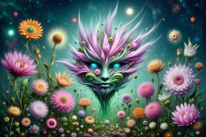 A surrealistic, ethereal shot of a breathtaking alien garden, set against the backdrop of a distant planet outside our solar system. A variety of extraordinary, never-before-seen flowers from this unknown world bloom in harmony, with one stunning species standing out - a simple yet captivating arrangement of extraterrestrial blooms that defy gravity and radiate an otherworldly beauty.