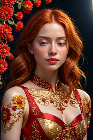 (1girl, face focus, medium shot, gracefully, golden petals and red flowers form intricate patterns against the backdrop of the moon, reminiscent of the styles of Da Vinci), Detailed texture, High quality, High resolution, High precision, Realism, Color correction, Proper lighting settings, Harmonious composition, Behance Works,detail-rendering,Watercolor,Realistic Enhance,redhead