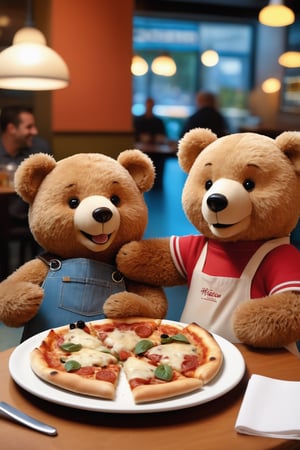 Prompt
Two Teddy bears enjoying a casual meal together at a restaurant, sharing laughter and pizza. One bear is holding a slice of pizza, while the other has him hand on the table. They are both smiling, suggesting a friendly and relaxed atmosphere. The background features other patrons and a menu board, indicating they are in a public dining setting.