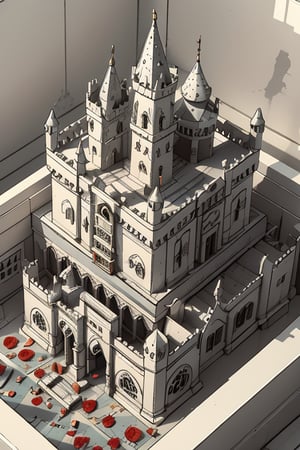 Vibrant medieval fantasy unfolds on a pristine white canvas. A toy castle rises from the center, its turrets and towers rendered in gentle pastel hues. Knights, dragons, and peasants gather at its base, their adorable forms imbued with bright, poppy colors. Soft shadows cast by isometric perspective add depth to the whimsical scene, while low contrast ensures a visually appealing composition. The overall aesthetic is playful, with minimalistic design elements balanced by bursts of color, creating a charming 3D cartoon illustration.