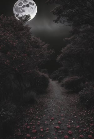 black roses, red moon, dried trees, dark atmosphere, beutiful butterfly