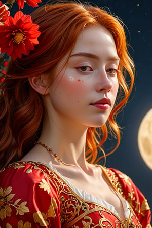 (1girl, face focus, medium shot, gracefully, golden petals and red flowers form intricate patterns against the backdrop of the moon, reminiscent of the styles of Da Vinci), Detailed texture, High quality, High resolution, High precision, Realism, Color correction, Proper lighting settings, Harmonious composition, Behance Works,detail-rendering,Watercolor,Realistic Enhance,redhead