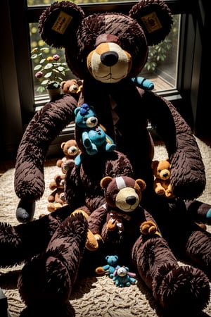 A whimsical still life scene captures a colossal toy bear constructed from hundreds of smaller, identical teddy bears, each one meticulously arranged to form the giant's body and limbs. Soft, warm lighting illuminates the intricate composition, highlighting the texture of the plush toys as they blend together seamlessly.