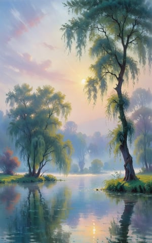 A lake covered by heavy mist and smoke. A weeping willow tree stands near the edge of the lake. Tree bends down to lake and its branches touches to the lake. Sky is cloudy. [romantic impressionism,dream scenery art,beautiful oil matte painting,romantic,style of thomas kinkade,beautiful digital painting,anime landscape,romantic painting,dreamlike digital painting,colorful painting,beautiful gorgeous digital art,style of greg rutkowski,janek sedlar,jenny saville:0]