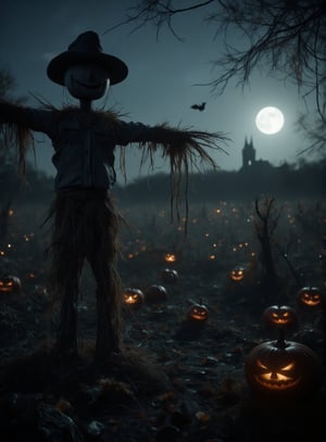 A worn wooden scarecrow stands tall in a cornfield at dusk on Halloween night, its ragged clothes and straw-stuffed body eerily illuminated by a full moon rising behind the trees. The wind rustles through the dry leaves as it gazes out into the darkness.