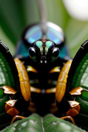 Close up photo of a beetle with iridescent shell, looking at the camera, jungle background at noon, macro photography, hdri, vibrant colors, in the style of National Geographic, intricate details, Nikon D50 camera, harsh midday light