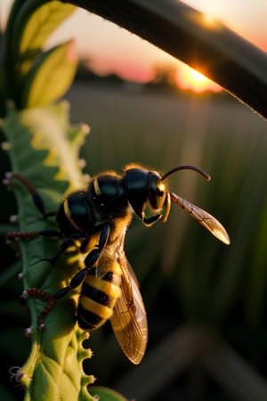 Close up photo of a wasp with yellow stripes, looking at the camera, urban garden background at sunset, macro photography, hdri, vibrant colors, in the style of National Geographic, intricate details, Nikon D50 camera, warm evening light