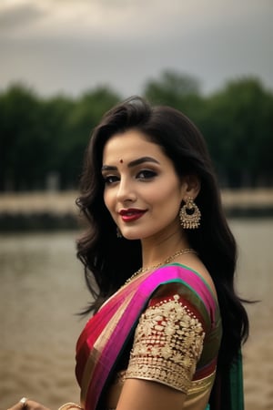 1girl, solo, long hair, looking at viewer, smile, black hair, dress, holding, brown eyes, jewelry, standing, earrings, looking back, from behind, saree, realistic, red lips,she from netherlands
