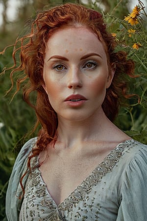 Wild woman, red curly hair, a MYSTIC NORDIC goddess, golden red head, red hair, Eliza Dushku face mixed Michelle Trachtenberg face, symmetrical and almond-shaped eyes brown colour eyes, hunter eyes, natural light, intense, perfect face, RAW, analogue, Nikon Z 85 mm, award-winning glamour photograph, ((the best quality)), ((masterpiece)), ((realistic)), intricate details, highly detailed, sharp focus, professional, 4k, spring flowers blooming, god rays, hand model, stunning eyes, delicate, innocent, high-res, detailed facial features, high detail, sharp focus, smooth, aesthetic, extremely detailed, photo_\(ultra\), photorealistic, realistic, post-processing, max detail, real life, ultra realistic, photorealism, photography, 8k UHD, photography, SEMI-SILHOUETTE light., perfect composition, beautiful detailed intricate insanely detailed, 8k artistic photography, photorealistic concept art, soft natural volumetric cinematic perfect light, chiaroscuro, award - winning photograph, masterpiece ,aw0k magnstyle,Magical Fantasy style,b3rli,perfecteyes,detailmaster2,close up