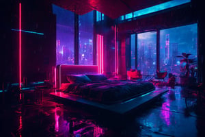 futuristic bedroom, brutalist, ceiling high windows, cyberpunk, cityscape, neon lights, night, raining, volumetric light