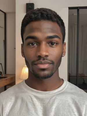 black man, Perfect (((Hands)), perfect ((fingers)),A young man, half-length, with a slight smile and looking at the camera. Perspective and quality: frontal, 10k, focus on face, high detail. Determining mood: hyperrealistic, realistic style, white background, soft light, vivid colors, symmetrical face, pure black almond-shaped eyes, crystal clear black skin, realistic looking eyes, black lips, thin eyebrows, long eyelashes, black eyeshadow, Extremely Realistic,inst4 style,