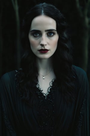 TERROR Witch Gothic, Dark hair, pale skin, deep dark eyes, medium shot portrait realistic photography, mixture between Eva Green face and Freya Mavor face, Dark Goddess of dead, Völva, Wild Woman, (detailed face textures, real textures, clear skin, symmetrical eyes), symmetrical almond-shaped eyes, flowy dress with an open neckline in her torso, soft natural volumetric cinematic perfect light and chiaroscuro, perfect composition, 8k, UHD, DSLR, soft lighting, high quality, film grain, Fujifilm XT3
,Movie Still