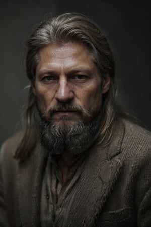 Old man, A mix between Nikolaj Coster-Waldau and Philippe Dumas, old man full beard, low contrast, Nordic god, silver braids, runes, almond-shaped eyes, Natural and soft light, semi-silhouette, film grain effect. 8k, photographic, Movie Still, ,close up,detailmaster2,Movie Still,perfecteyes,realhands