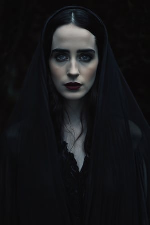 TERROR Witch Gothic, Dark hair, pale skin, deep dark eyes, medium shot portrait realistic photography, mixture between Eva Green face and Freya Mavor face, Dark Goddess of dead, Völva, Wild Woman, (detailed face textures, real textures, clear skin, symmetrical eyes), symmetrical almond-shaped eyes, flowy dress with an open neckline in her torso, soft natural volumetric cinematic perfect light and chiaroscuro, perfect composition, 8k, UHD, DSLR, soft lighting, high quality, film grain, Fujifilm XT3
,Movie Still