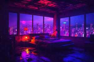 paiting, anime, futuristic bedroom, brutalist, ceiling high windows, cyberpunk, cityscape, neon lights, night, raining, volumetric light,aw0k euphoric style