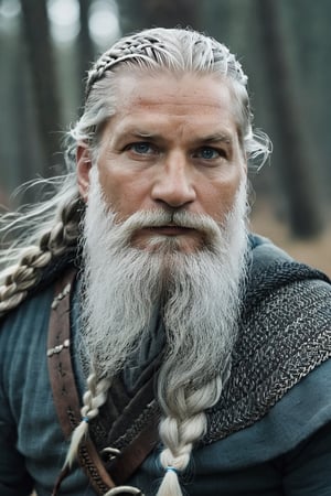  Blue eyes, A mix between Nikolaj Coster-Waldau face and Philippe Dumas face, Old man Nordic god, silver braids, runes,, old man full beard, low contrast, Nordic god, silver braids, runes, almond-shaped eyes, Natural and soft light, semi-silhouette, film grain effect. 8k, photographic, Movie Still, ,close up,detailmaster2,Movie Still,perfecteyes,realhands