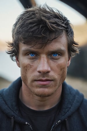 Hyperrealistic texture skin, blue_eyes natural, Portrait of a hybridization face between Kristof Pituk and  Mikkel Jensen, (detailed face textures, real textures, clear skin, symmetrical eyes,) (RAW photo, 4k, masterpiece, high-res, extremely intricate) (high detailed skin:1.2) prfm style, symmetrical face, closed lips, almond-shaped black eyes, crystal obsidian grim armour, perfect composition, beautiful detailed intricate insanely detailed, 8k artistic photography, photorealistic concept art, soft natural volumetric cinematic perfect light. hunter eyes, natural light, intense, perfect face, RAW, analogue, Nikon Z 85 mm.

