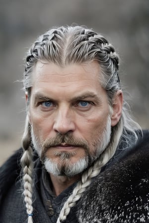  Blue eyes, A mix between Nikolaj Coster-Waldau face and Philippe Dumas face, Old man Nordic god, silver braids, runes,, old man full beard, low contrast, Nordic god, silver braids, runes, almond-shaped eyes, Natural and soft light, semi-silhouette, film grain effect. 8k, photographic, Movie Still, ,close up,detailmaster2,Movie Still,perfecteyes,realhands