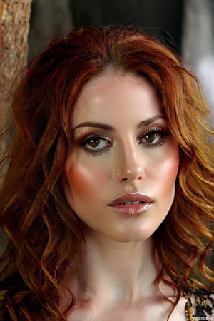 Eliza Dushku face mixed Michelle Trachtenberg face, Wild woman, red curly hair, a MYSTIC NORDIC goddess, golden red head, red hair, , transparent dress,  deep Open V-neckline, slit neckline, symmetrical and almond-shaped eyes brown colour eyes, hunter eyes,Magical Fantasy style,b3rli,perfecteyes,detailmaster2,close up,fire element,composed of fire elements