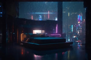 futuristic bedroom, brutalist, ceiling high windows, cyberpunk, cityscape, neon lights, night, raining, volumetric light