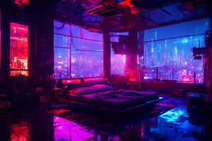 paiting, anime, futuristic bedroom, brutalist, ceiling high windows, cyberpunk, cityscape, neon lights, night, raining, volumetric light,aw0k euphoric style