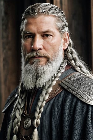 Old man Nordic god, silver braids, runes, A mix between Nikolaj Coster-Waldau and Philippe Dumas, old man full beard, low contrast, Nordic god, silver braids, runes, almond-shaped eyes, Natural and soft light, semi-silhouette, film grain effect. 8k, photographic, Movie Still, ,close up,detailmaster2,Movie Still,perfecteyes,realhands