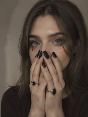 Perfect (((Hands)), perfect ((fingers)),A young woman, half-length, with a slight smile and looking at the camera. Perspective and quality: frontal, 10k, focus on face, high detail. Determining mood: hyperrealistic, [Midjourney] style, white background, soft light, vivid colors. Subject/Scene: symmetrical face, pure blue almond-shaped eyes, crystal clear looking skin, realistic looking eyes, long straight blonde hair, black lips, thin eyebrows, long eyelashes, black eyeshadow, Extremely Realistic,inst4 style,FilmGirl