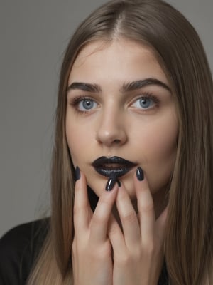 Perfect (((Hands)), perfect ((fingers)),A young woman, half-length, with a slight smile and looking at the camera. Perspective and quality: frontal, 10k, focus on face, high detail. Determining mood: hyperrealistic, [Midjourney] style, white background, soft light, vivid colors. Subject/Scene: symmetrical face, pure blue almond-shaped eyes, crystal clear looking skin, realistic looking eyes, long straight blonde hair, black lips, thin eyebrows, long eyelashes, black eyeshadow, Extremely Realistic