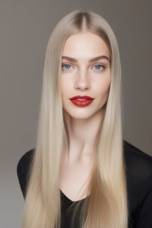 A young woman, half-length, with a slight smile and looking at the camera. Perspective and quality: frontal, 10k, focus on face, high detail. Determining mood: hyperrealistic, [Midjourney] style, white background, soft light, vivid colors. Subject/Scene: symmetrical face, pure blue almond-shaped eyes, crystal clear looking skin, realistic looking eyes, long straight blonde hair, red lips, thin eyebrows, long eyelashes, silver eyeshadow.