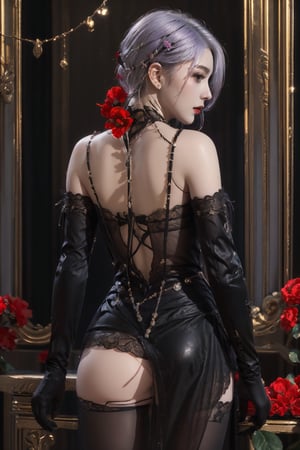 (masterpiece),(best quality),(ultra detailed),1girl,solo,hip up,closed mouth,,Midnight Kiss outfit,lace,black stockings,gloves,red flower,jewelry,string,chain,purple piece of shirt,from behind,looking back,(white hair color:1.05)