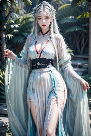 female,masterpiece, realistic, best quality, ultra detailed, waist up, white hair, ((colorful hair)), jewelery, fashionable accessories,myhanfu