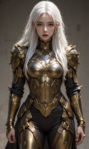 A photorealistic image of a woman,hip up, white hair,full armor,golden armor,ntgirl