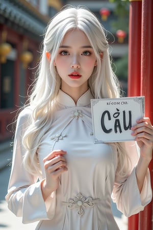 A stunning solo shot of a young woman with striking white long hair, dressed in the aodai (Vietnam’s national dress),holding up a sign with the word "CỨU",ntgirl