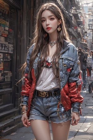 (masterpiece),(best quality),(ultra detailed),1girl,solo,hip up,realistic,closed mouth, long hair,accessories, street wear,