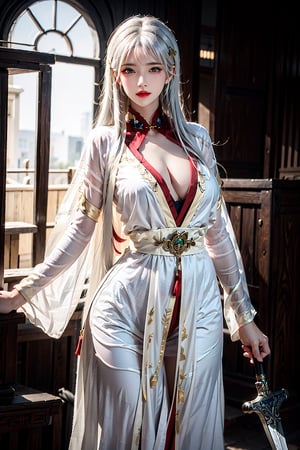 photorealistic, high resolution, 1women, shining skin, solo, jewelry, pink lips, white hair, long hair, blue eyes, closed mouth, hips up, green taoist robe, yellow rice filed, weapon, sword