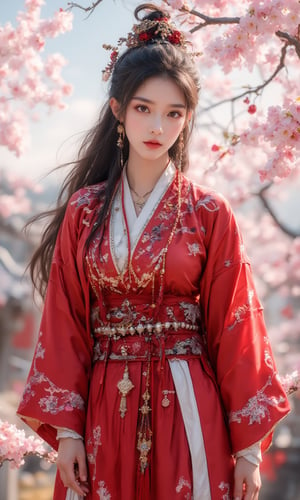 1Woman,hip up,martial arts,jewelry,chinese clothes, robe,accessories,outdoor, cherry blossoms,ntgirl