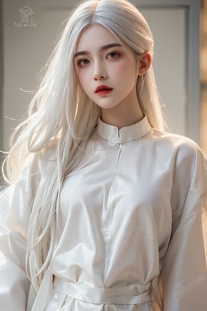 A stunning solo shot of a young woman with striking white long hair, Vietnam tranditional clothing, ao tu than,hip up,ntgirl