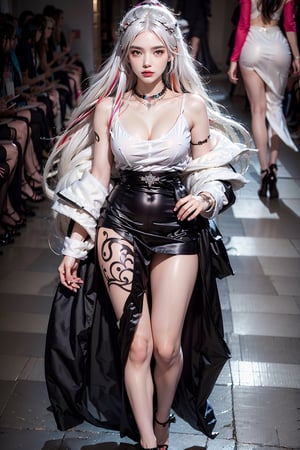 female,masterpiece, realistic, best quality, ultra detailed, waist up, white hair, ((colorful hair):1.2),tattoo, jewelery, creative clothing, fashionable accessories,catwalk