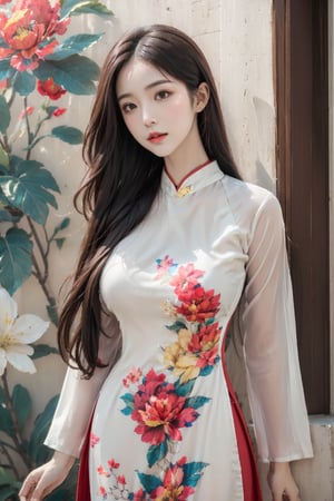 (masterpiece),(best quality),(ultra detailed),1girl,solo,closed mouth, long hair,accessories,red aodai,red clothing,gfloral print,huge breasts