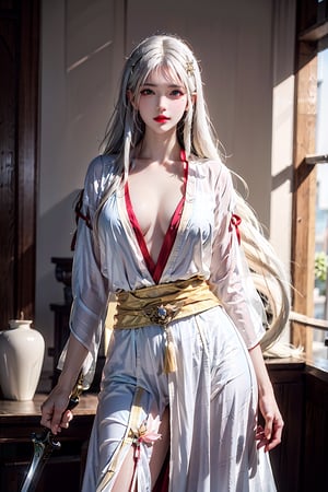 photorealistic, high resolution, 1women, shining skin, solo, jewelry, pink lips, white hair, long hair, blue eyes, closed mouth, hips up, green taoist robe, yellow rice filed, weapon, sword