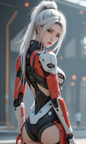 A photorealistic image of a woman,hip up, white hair,cyborg samurai,mecha body, robot joints,LXflux